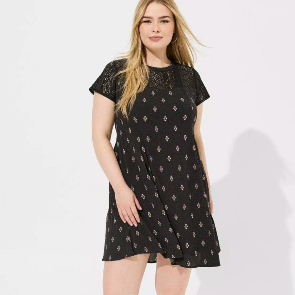 Torrid Mini Washable Gauze Lace Yoke Trapeze Dress